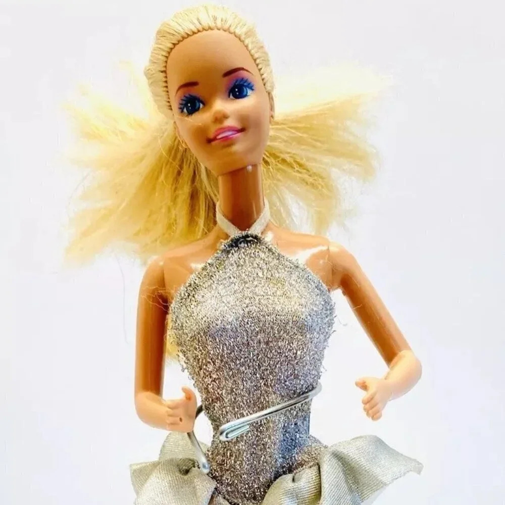 MATTEL BARBIE Doll Silver Dress 12" Tall Blonde Hair Blue Eyes Used